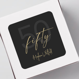 Gold Schrift Fifty Modern Schwarz 50. Geburtstagsf Quadratischer Aufkleber