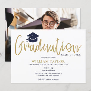 Gold Schrift Navy Blau Foto Abschlussfeier Einladung
