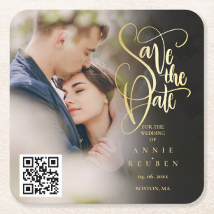 Gold Schrift QR-Code Foto Save the Date  Rechteckiger Pappuntersetzer