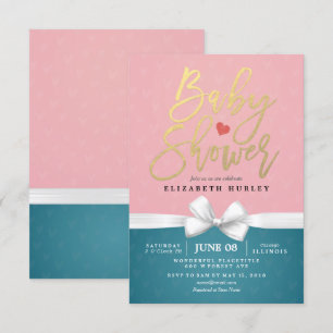 Gold Schrift und weißes Band rosa blaue Babyparty Einladung