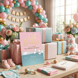 Gold Schrift Weißes Band Blau Rosa Baby Shower Einladung