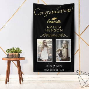 Gold Schwarz Abschluss 2 Foto Graduationsparty Banner
