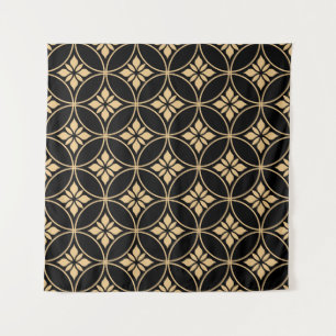 Gold & Schwarz: Abstrakte florale Vintage Wandteppich