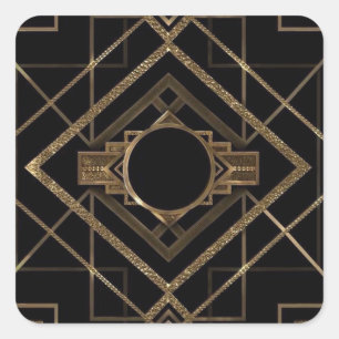 Gold, Schwarz, Art Deco, Nouveau, Vintage, elegant Quadratischer Aufkleber