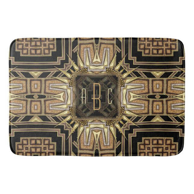 Gold+Schwarz Art Deco Sonnenstrahl-Muster Monogram Badematte (Vorderseite)