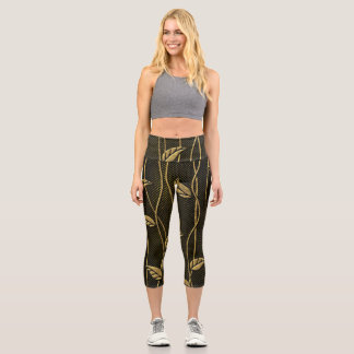 Gold & Schwarz: Blätter 3D Textur. Capri Leggings