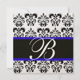GOLD & SCHWARZ BLAU DAMAST MONOGRAMM, weiß Einladung