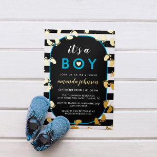 Gold Schwarz Blau Es ist ein Junge Baby Fußabdrück Folieneinladung