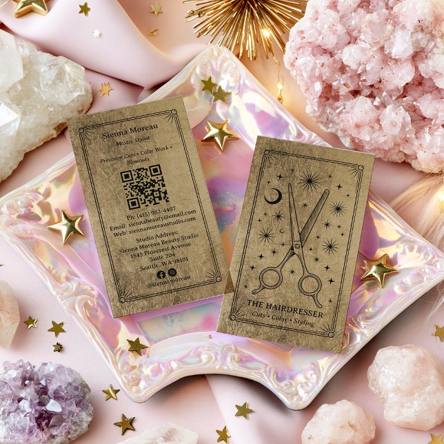 Gold Schwarz Celestial Tarot Friseur QR Code Visitenkarte (Gold Black Celestial Tarot Hairdresser QR Code Business Card)