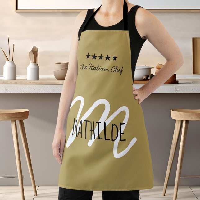 Gold Schwarz Chef Monogram Moderne Name Schürze (Chef Monogram Gold Black Modern Typography Name Apron)
