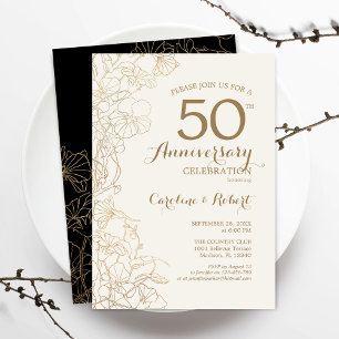 Gold Schwarz Floral 50. Jubiläum Einladung