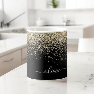 Gold Schwarz Girly Glitter Funkeln Monogramm Name Kaffeetasse