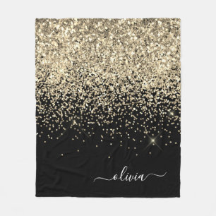 Gold Schwarz Girly Glitter Glanz Monogramm Name Fleecedecke