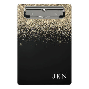 Gold Schwarz Glitter Girly Monogramm Anfangsbuchst Mini Klemmbrett