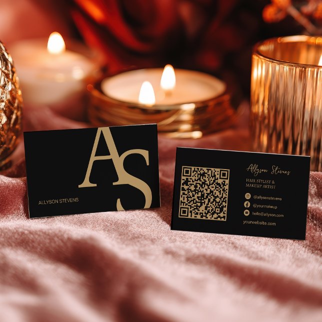 Gold-Schwarz-Initialen-Logo-Make-up-Artist-QR-Code Visitenkarte (Gold Black Initials Logo Makeup Artist QR Code Business Card)