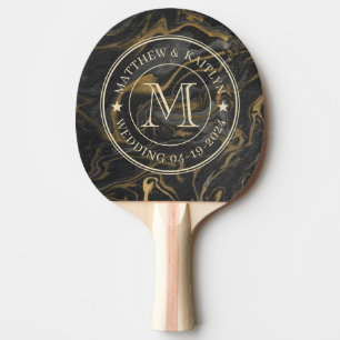 Gold Schwarz Marmor Wirbel Hochzeitsmonogramm Ster Tischtennis Schläger