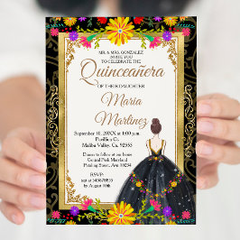 Gold Schwarz mit mexikanischen Blume Quinceañera Einladung