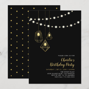 Gold & Schwarz   Moderne String-Lichter Geburtstag Einladung