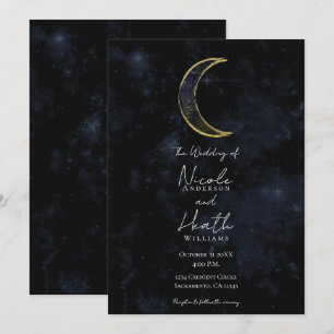 Gold Schwarz Mond Himmel Nacht Sterne Hochzeit  Einladung