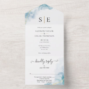 Gold-Schwarz-Monogramm Blaue Wasserfarbe Hochzeit All In One Einladung
