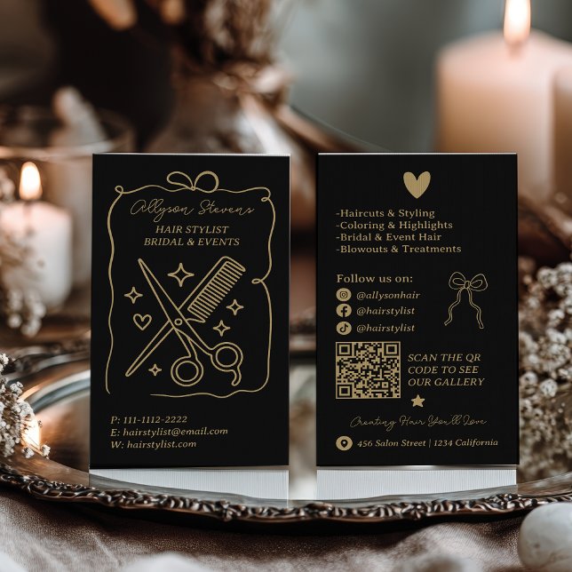 Gold-Schwarz Retro-Doodles Friseur QR-Code Visitenkarte (Gold Black Retro Doodles Hair Stylist QR Code Business Card)