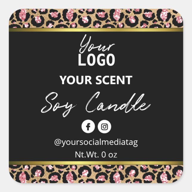 Gold Schwarz Rosa Leopard Print Soy Candle Labels Quadratischer Aufkleber (Vorderseite)