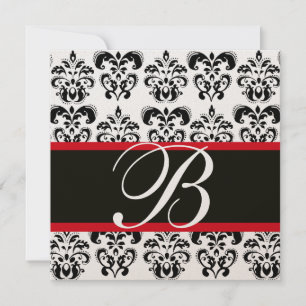 GOLD & SCHWARZ  ROT  DAMAST MONOGRAMM, weiß Einladung