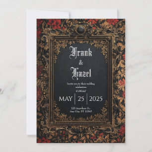 Gold Schwarz Rot Rosen Barock Rahmen Hochzeit Einladung