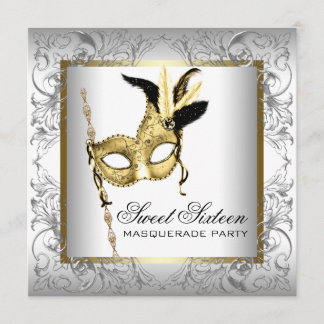 Gold Schwarz-weiß 16 . Geburtstag Masquerade Party Einladung