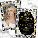 Gold Schwarz-weiß Damask Foto 50. Geburtstag Einladung<br><div class="desc">Elegante florale feminine 50. Geburtstagseinladung mit Ihrem Foto auf der Kartenrückseite. Glam Schwarz-weißes Design mit Imitaten Glitzer Gold. Enthält schwarz-weiße Damasketmuster, Rose, Skript-Schriftart und Konfetti. Ideal für ein stilvolles Party für Erwachsene. Personalisieren Sie Ihre persönlichen Daten. Kann für jedes Alter angepasst werden! Gedruckte Zazzle Einladungen oder Sofortdownload digitalen druckbaren Vorlage....</div>