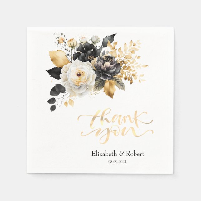 Gold Schwarz-weiß Danke-Karte Serviette (Vorderseite)