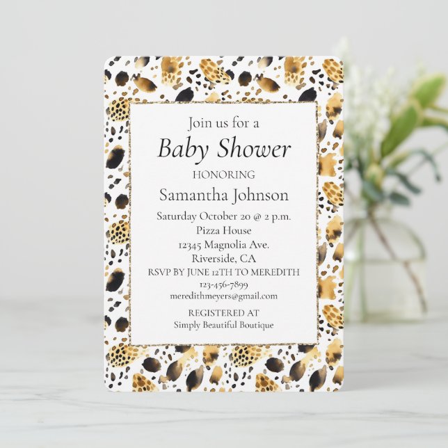 Gold Schwarz-weiß Leopard Print Einladung (Stehend Vorderseite)