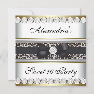 Gold Schwarz-weiß Leopard Sweet 16 Party Einladung