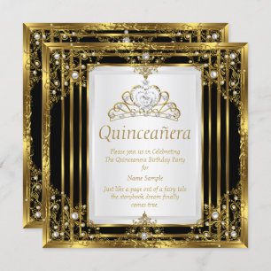 Gold Schwarz-weiß Pearl Princess Quinceanera Einladung