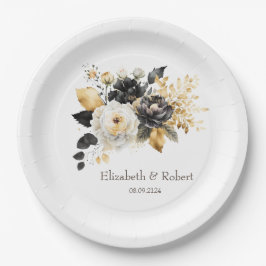 Gold Schwarz-weiße Blume Pappteller