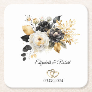 Gold Schwarz Weiße Blumen Hochzeit Rechteckiger Pappuntersetzer