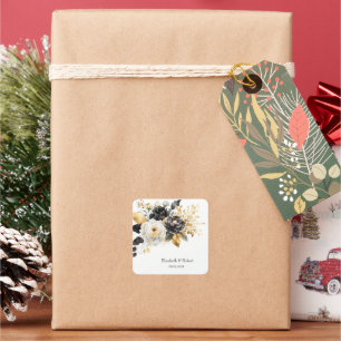 Gold Schwarz Weiße Blumen Quadratischer Aufkleber