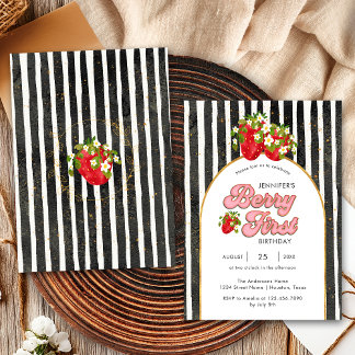 Gold Schwarz-weiße Streifen 1. Geburtstag Erdbeere Einladung
