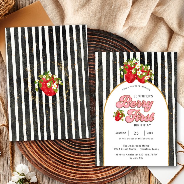 Gold Schwarz-weiße Streifen 1. Geburtstag Erdbeere Einladung (Von Creator hochgeladen)