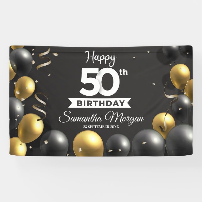 Gold schwarze Ballons, modern jedes Alter Geburtst Banner (Horizontal)