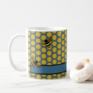 GOLD SCHWARZE BUMBLE BIENEN AUF DEM BLAUEN HONEYCO KAFFEETASSE