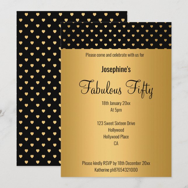 GOLD SCHWARZE HERZSTATTERN GEBURTSTAG 2 EINLADUNG (Vorne/Hinten)