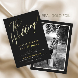 Gold schwarze Luxus elegante Schrift Foto Hochzeit Folieneinladung