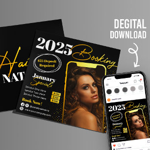 Gold-Schwarze moderne Friseur-Instagram-Flyerkarte Einladung