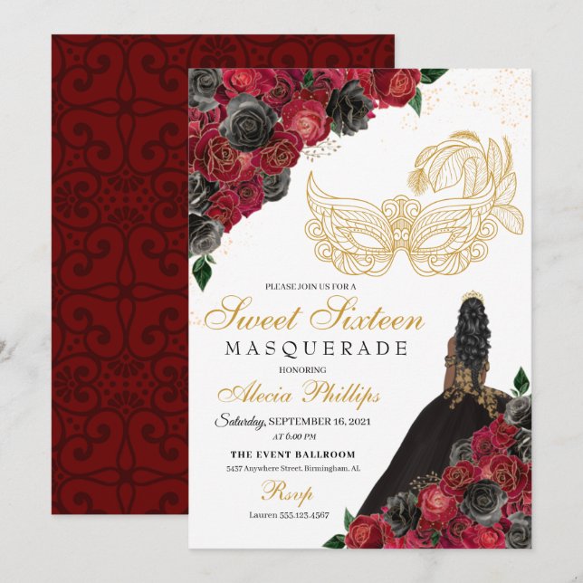 Gold Schwarze Rote Rosen Masquerade Sweet 16 Einladung (Vorne/Hinten)