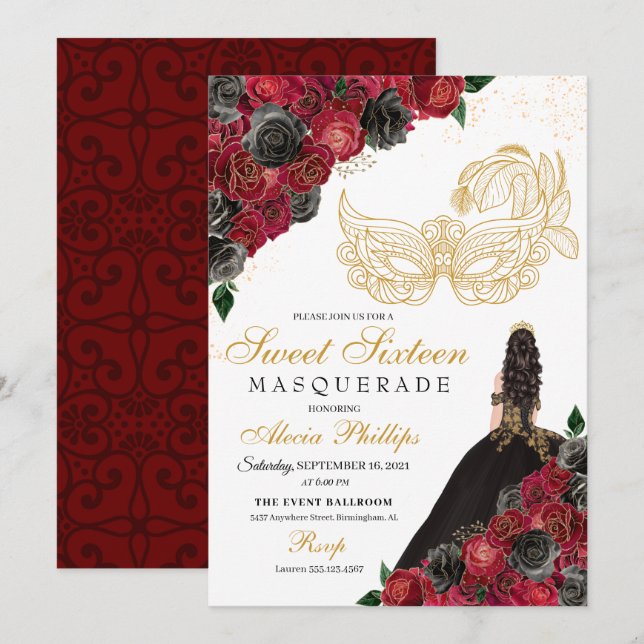 Gold Schwarze Rote Rosen Masquerade Sweet 16 Einladung (Vorne/Hinten)