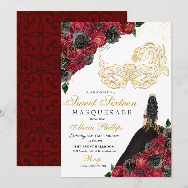 Gold Schwarze Rote Rosen Masquerade Sweet 16 Einladung (Vorne/Hinten)