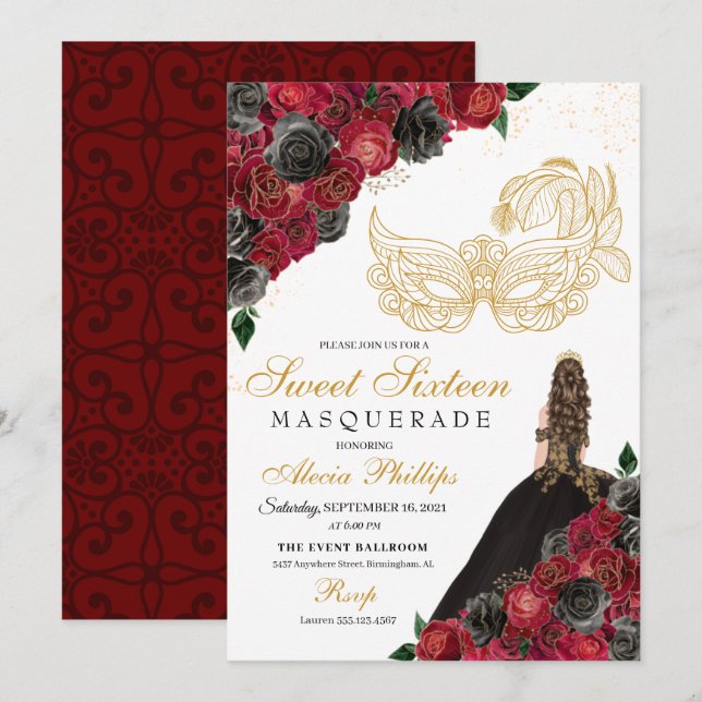 Gold Schwarze Rote Rosen Masquerade Sweet 16 Einladung (Vorne/Hinten)