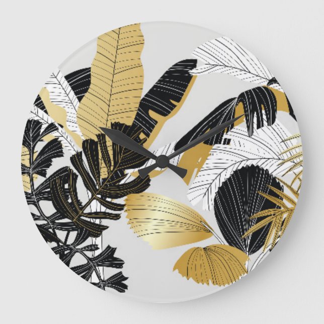 Gold, schwarze tropische Pflanze: Luxus. Große Wanduhr (Vorderseite)