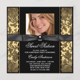 Gold Schwarzer Damast Foto Sweet 16 Party Einladung